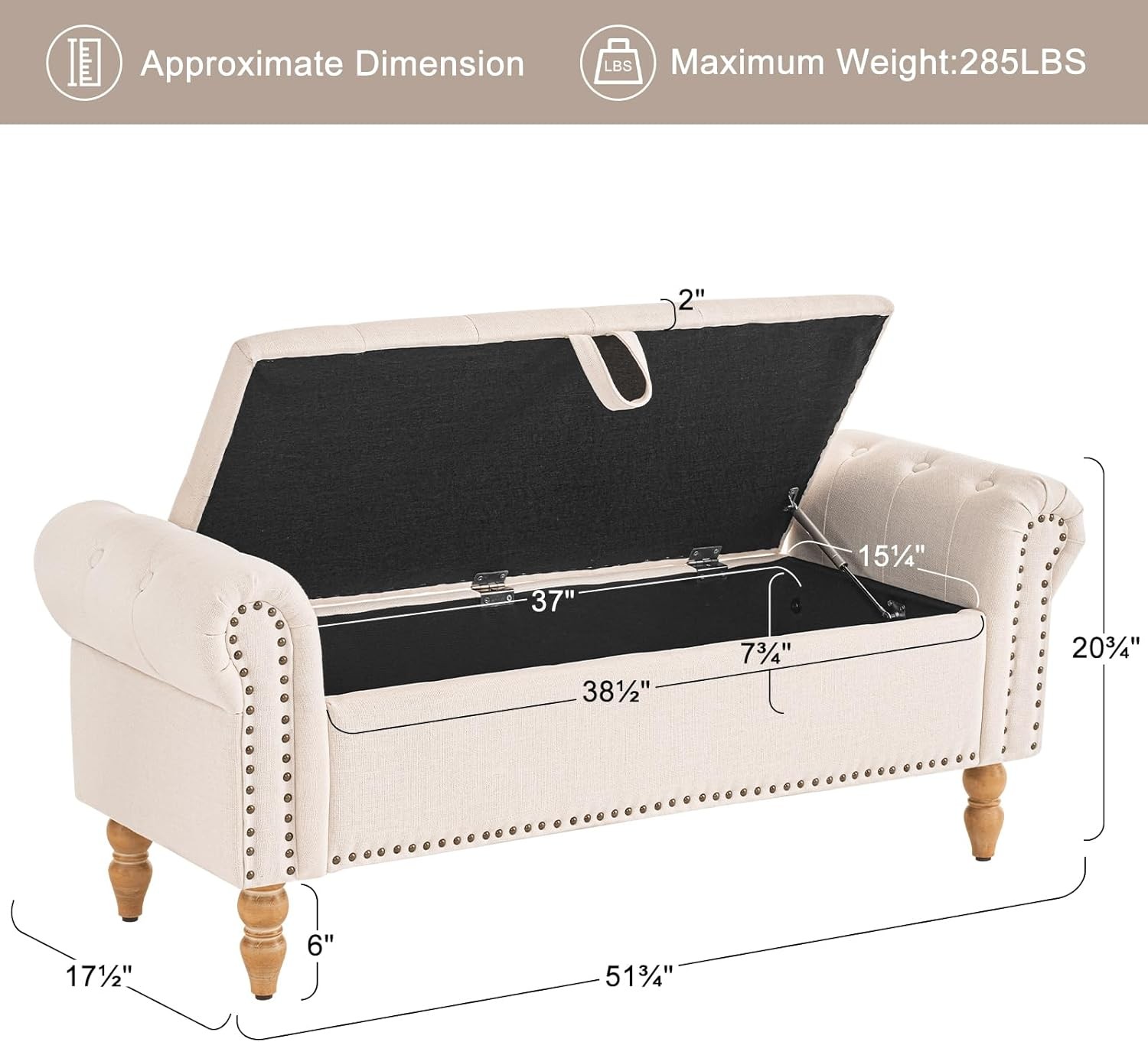 51” Storage Benches,with Upholstered Storage Ottoman Linen Window Bench