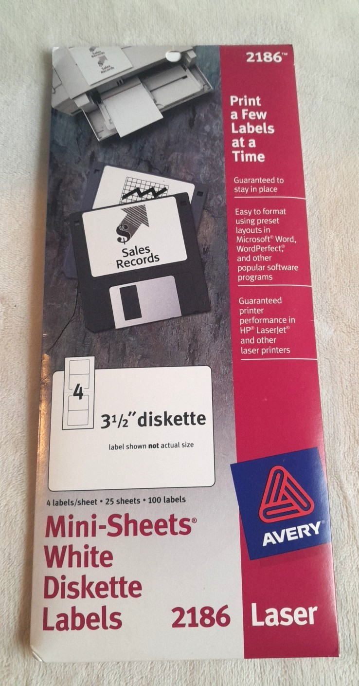 Vintage Avery 2186 Laser 3.5" Diskette Labels Mini-Sheets White