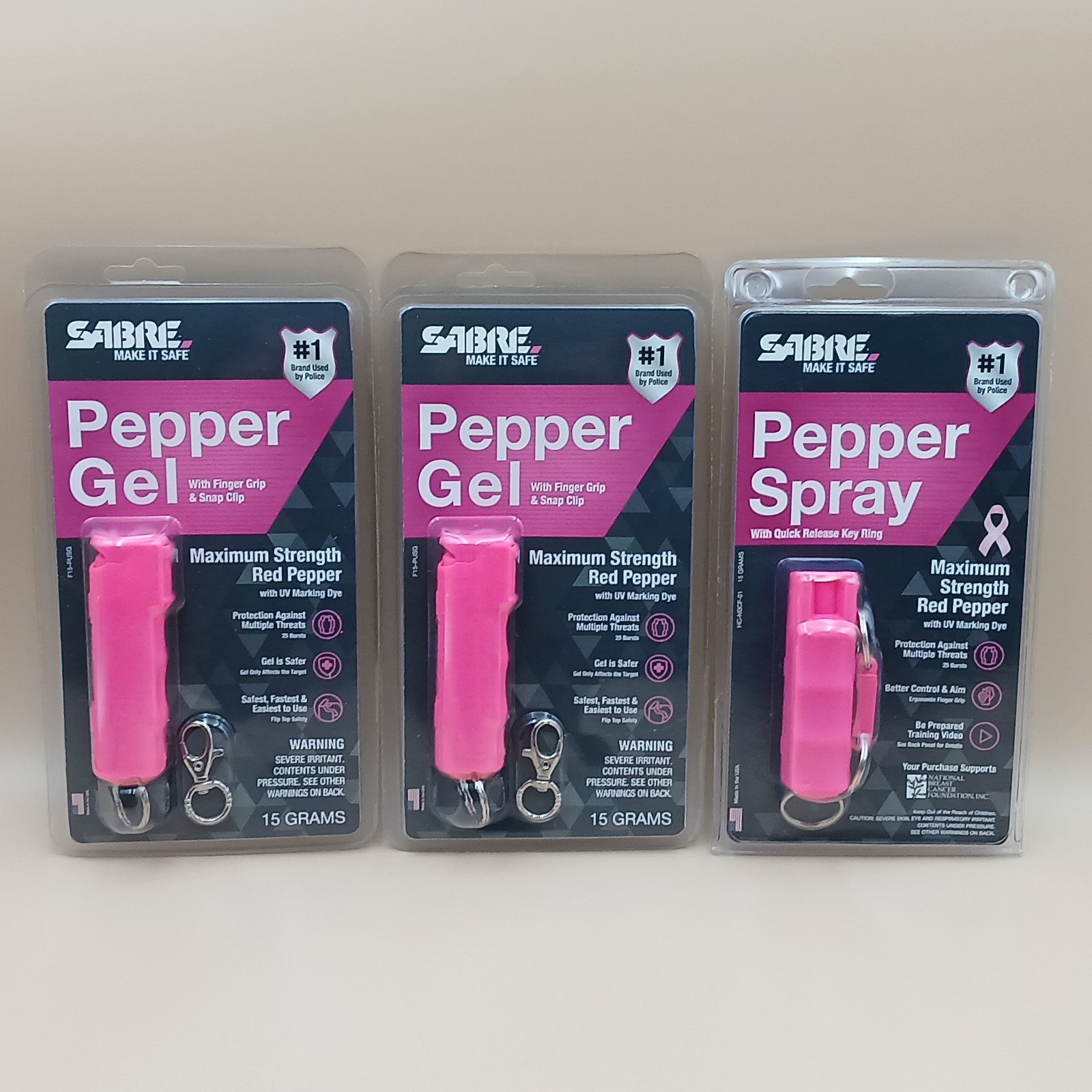 Lot 3 SABRE Pepper Spray Pink 15g Police Strength Gel Keychain Clip
