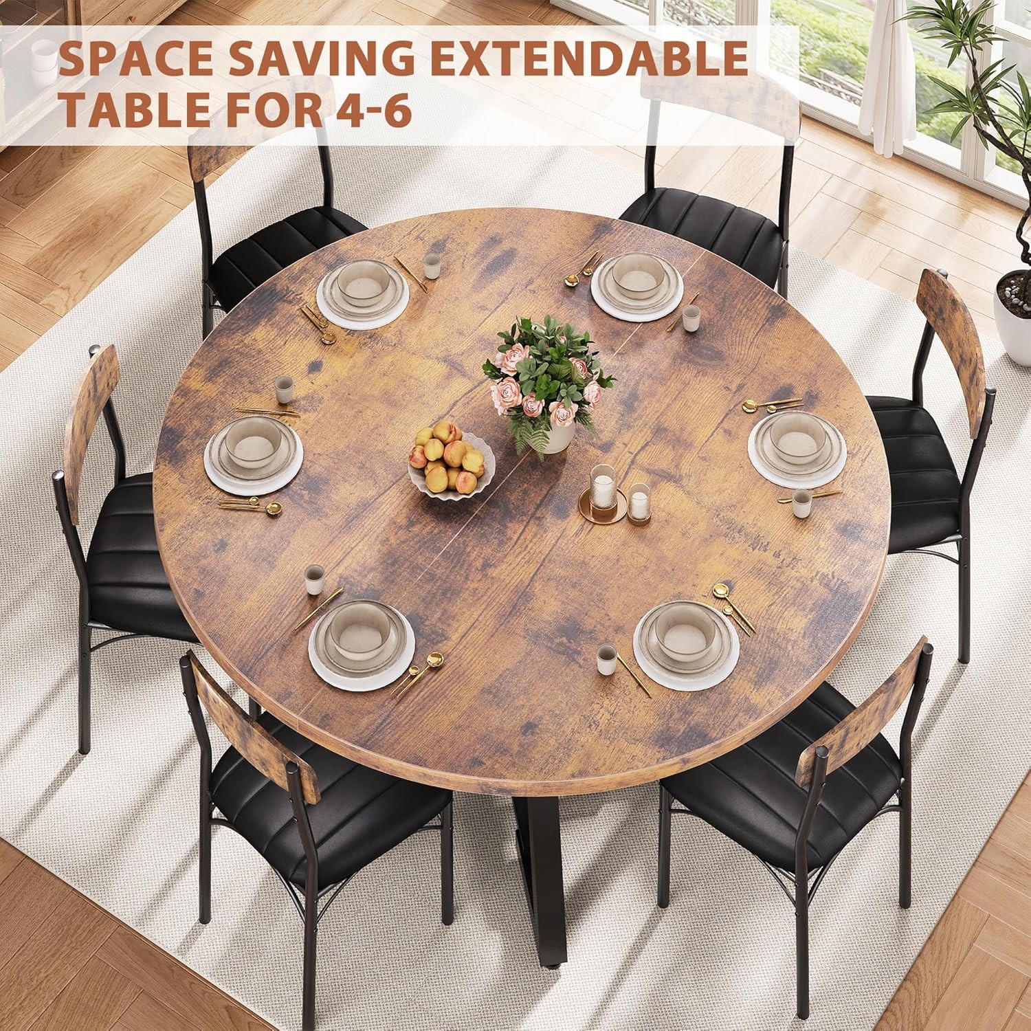 Round Dining Table Kitchen Dining Room Dinner Table 4-6 Space Saving Extendable