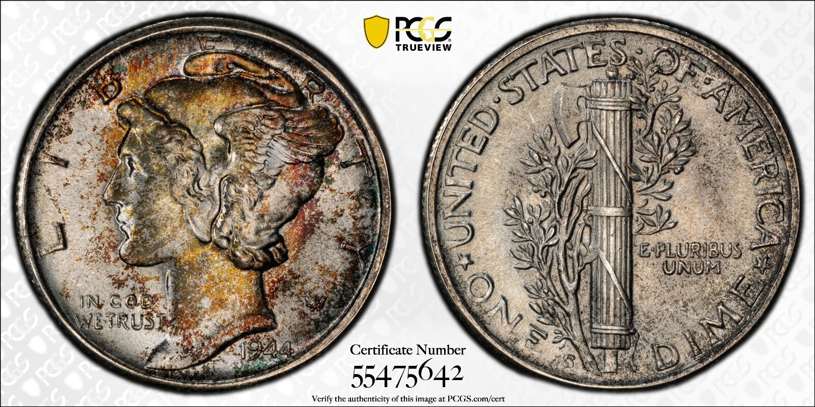 MS67+ 1944-S 10C Mercury Silver Dime, PCGS Trueview- Nicely Gold Toned
