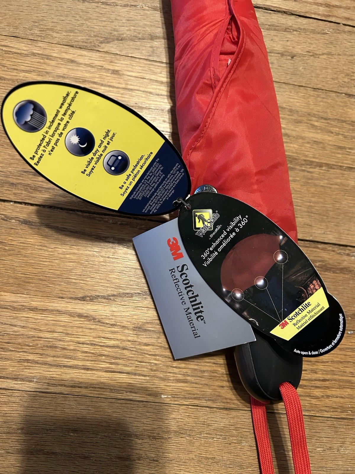 Shed Rain 3M Scotch Lite Auto Push Button Umbrella Reflective Material Red New