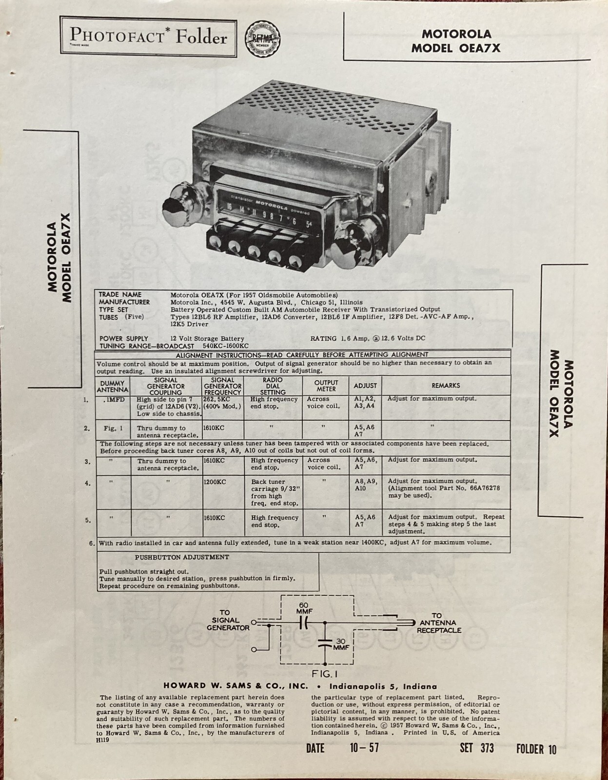 1957 Oldsmobile Car Radio Motorola model OEA7X Service Manual