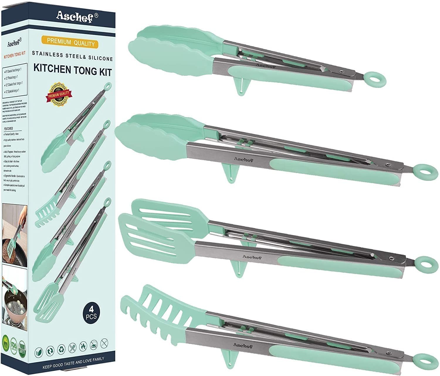 4-in-1 Stainless Steel Kitchen Tongs Set with Silicone Tips for Cooking