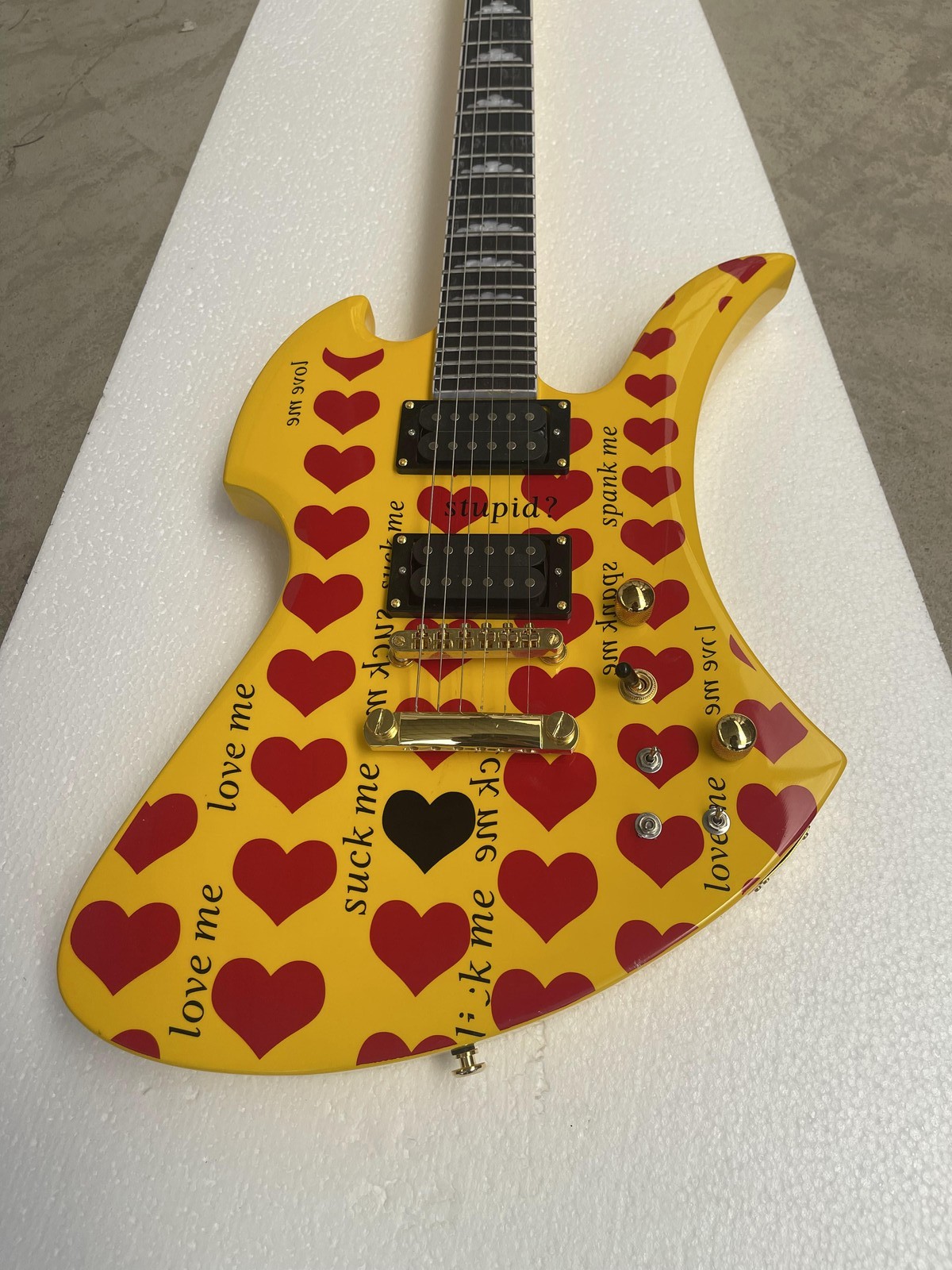 6 String Electric Guitar Yellow Graphic Custom Shape HH Pickup Maple Neck