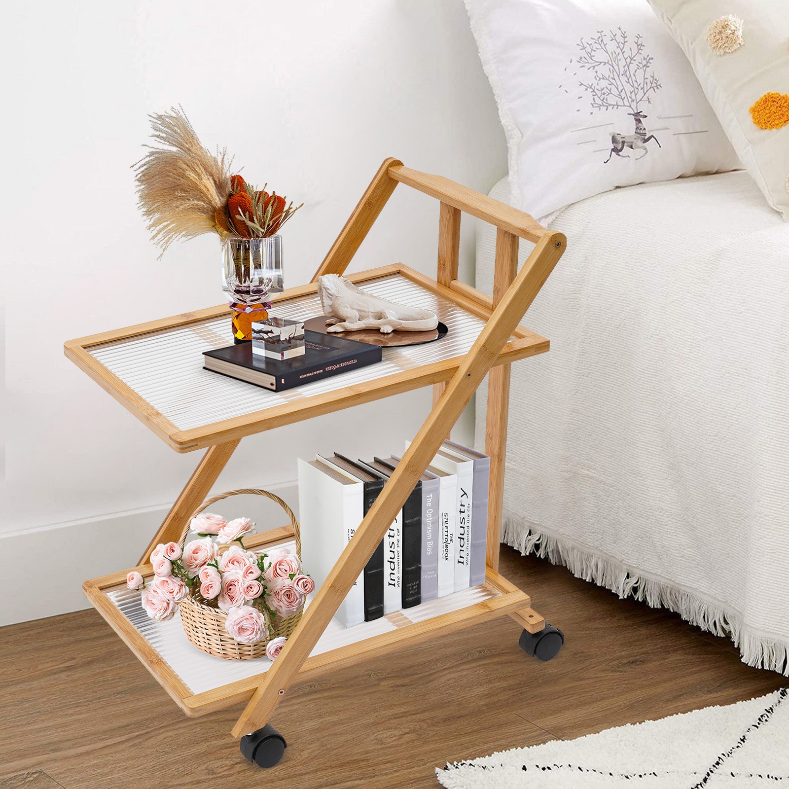 2 Tiers Bamboo Storage Rack, Floor Standing Storage Stand, Foldable Storage Rack