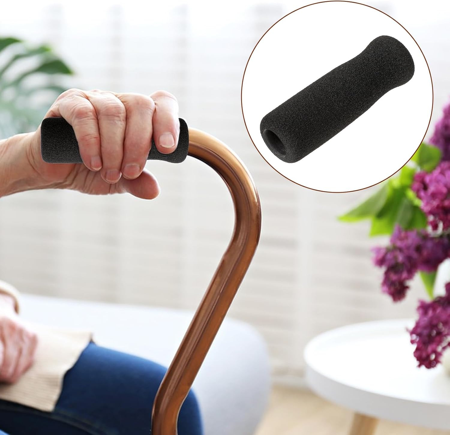 4 Pack Cane Grips - Black Foam Offset Handle Replacement for Seniors