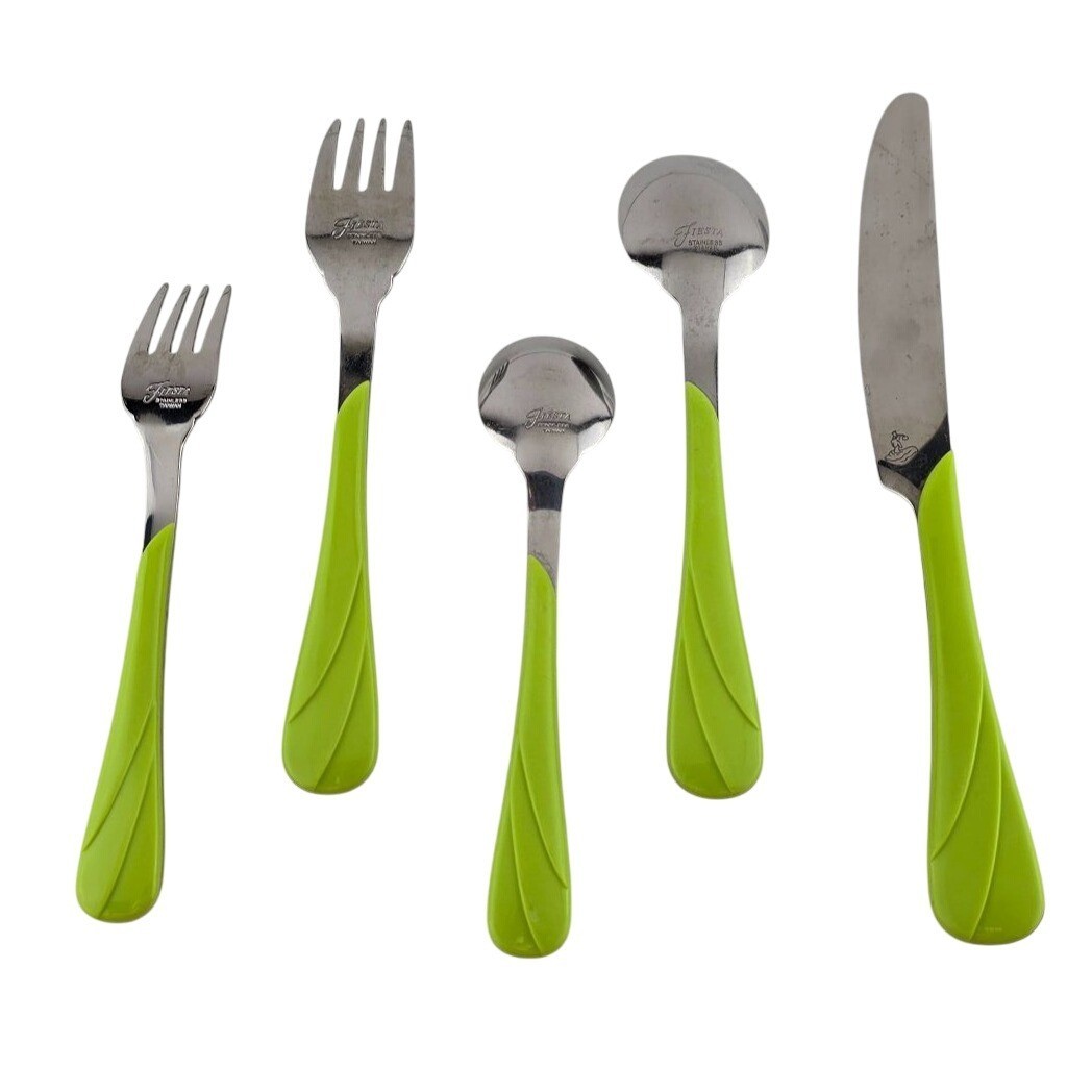 Vintage Fiesta Chartreuse Swirl Flatware Silverware Green 5 Piece Set