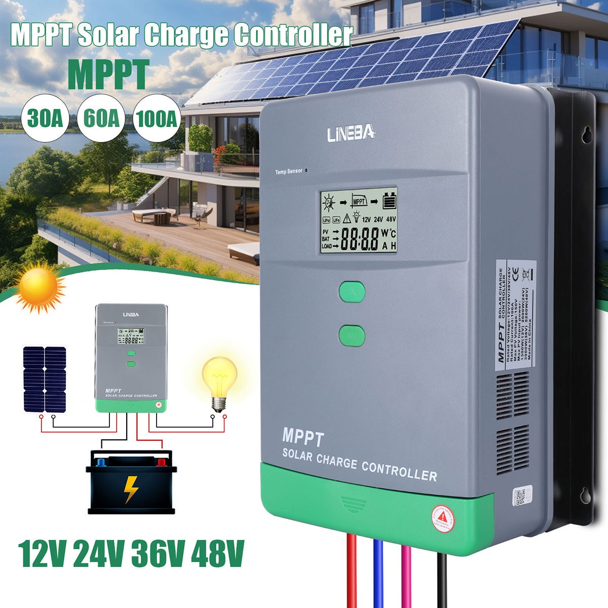 100A 60A 30A MPPT Solar Charge Controller 12/24/36/48V for solar panel kit LCD