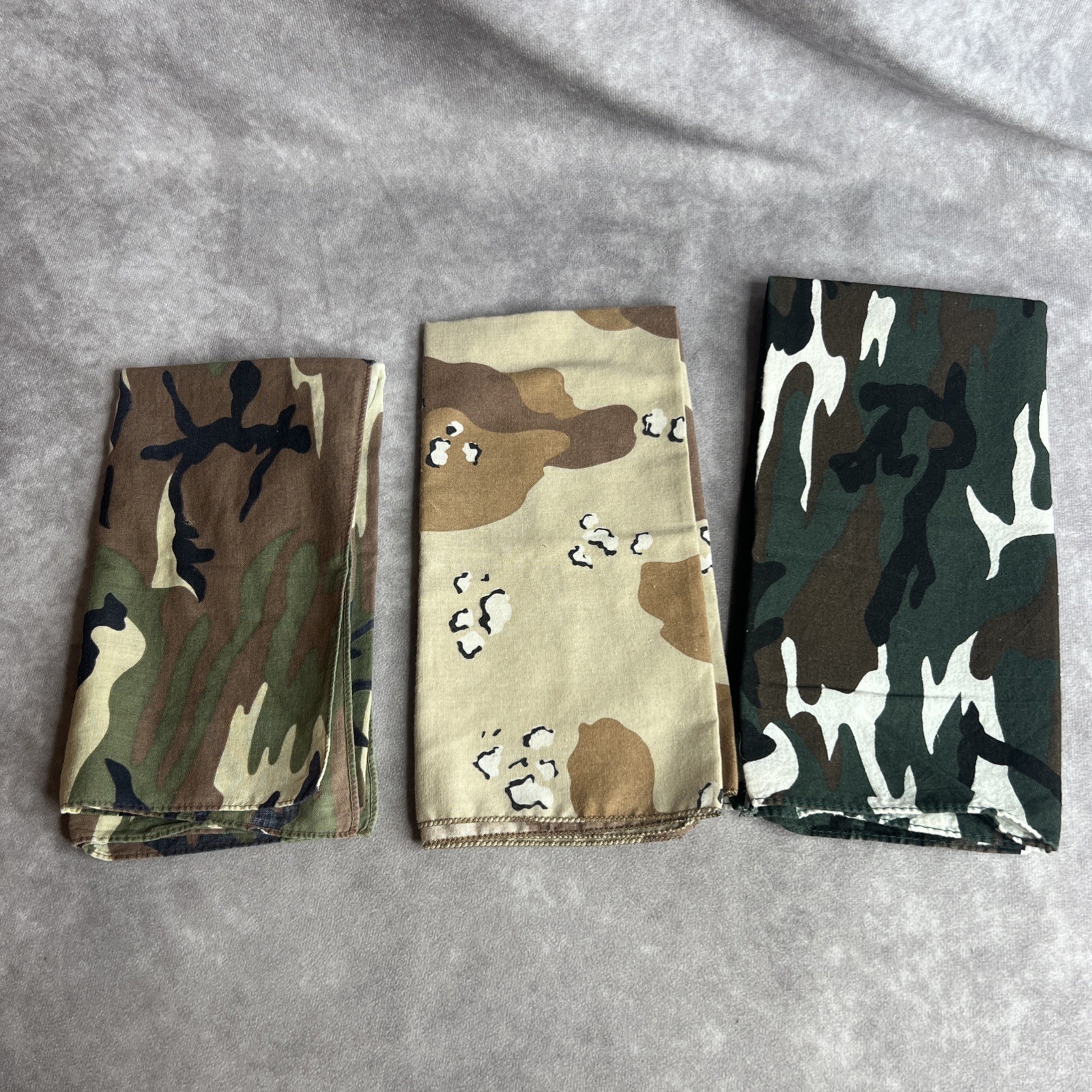 Lot of 3 Camo Bandanas Handkerchiefs Hankies 100% Cotton Army Hunting Outdoor