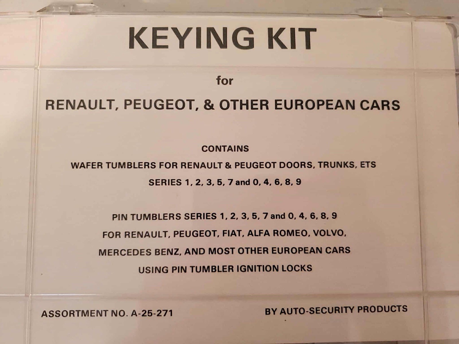 NEW ASP #A-25-271 AUTOMOTIVE KEYING KIT RENAULT,PEUGEOT & OTHER EURO CARS