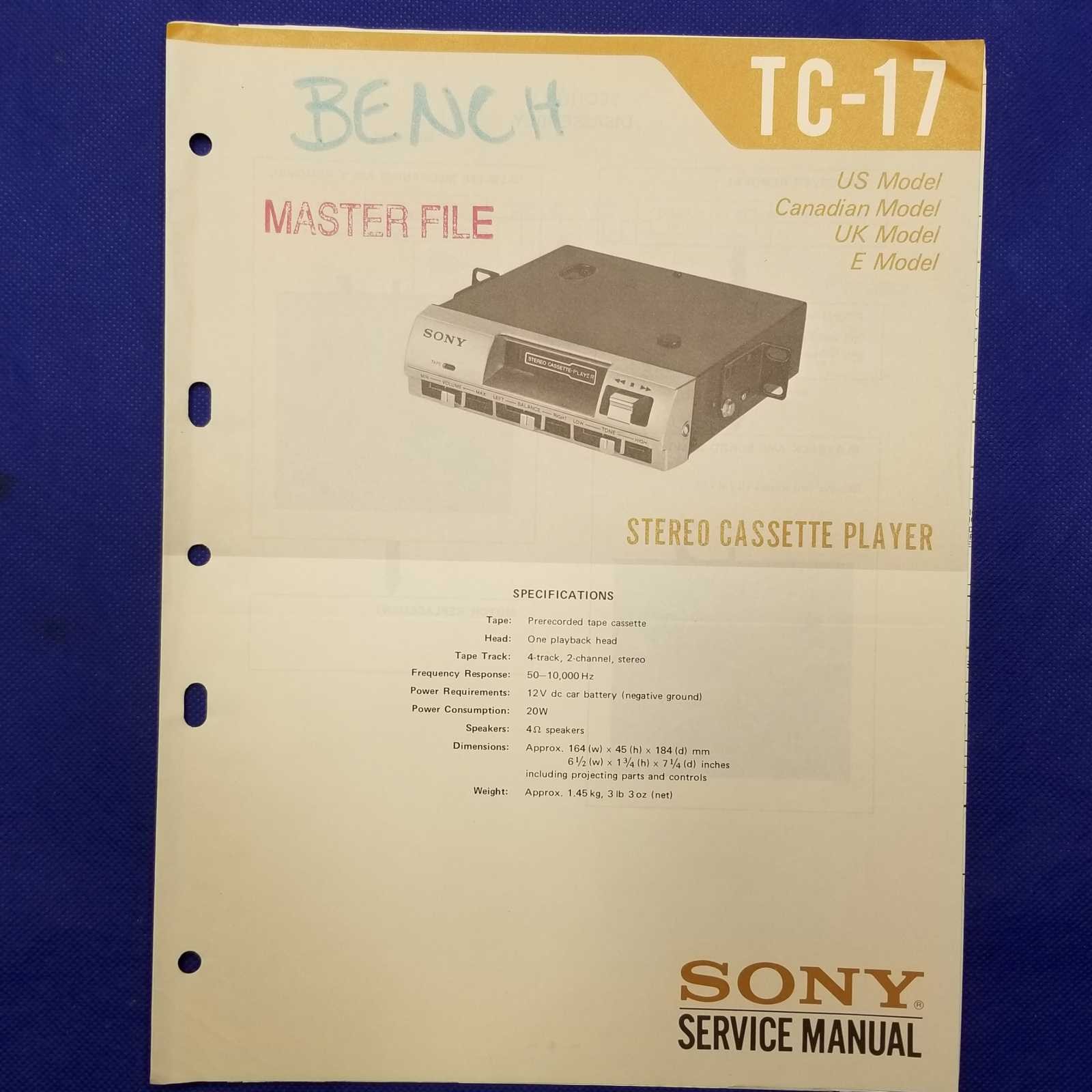 SONY TC-17 Service Manual Original Paper OEM Repair Guide - USA