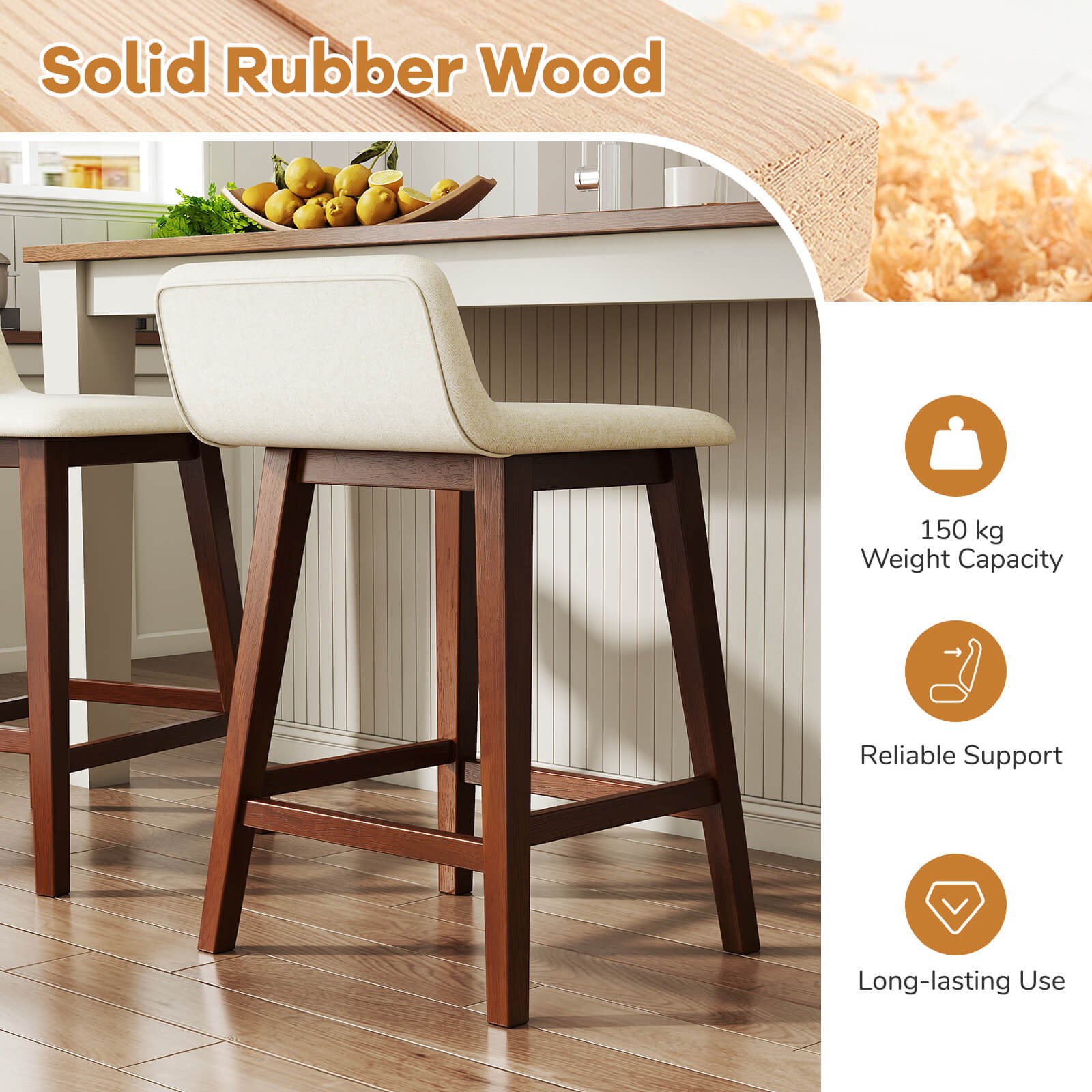 24" Upholstered Barstools w/ Low Back Footrest and Wood Legs for Kitchen Island