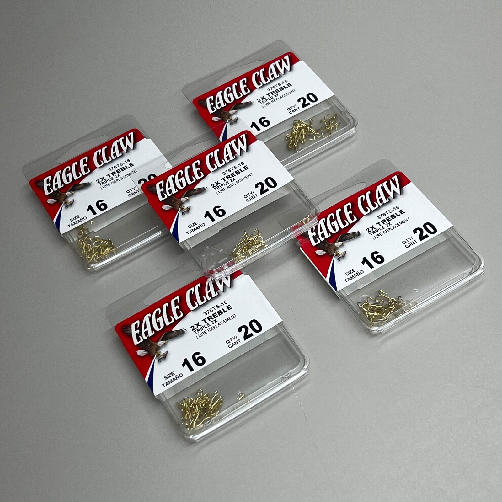 EAGLE CLAW (5 PACK) 2X Treble Hook Triple 2X Lure Repla Gold #16 20pc 376TS-16