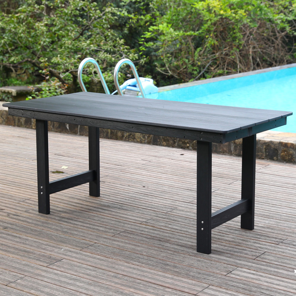 Outdoor HDPE Dining Table w/Umbrella Hole for 4-6 People, Poolside Patio, Black