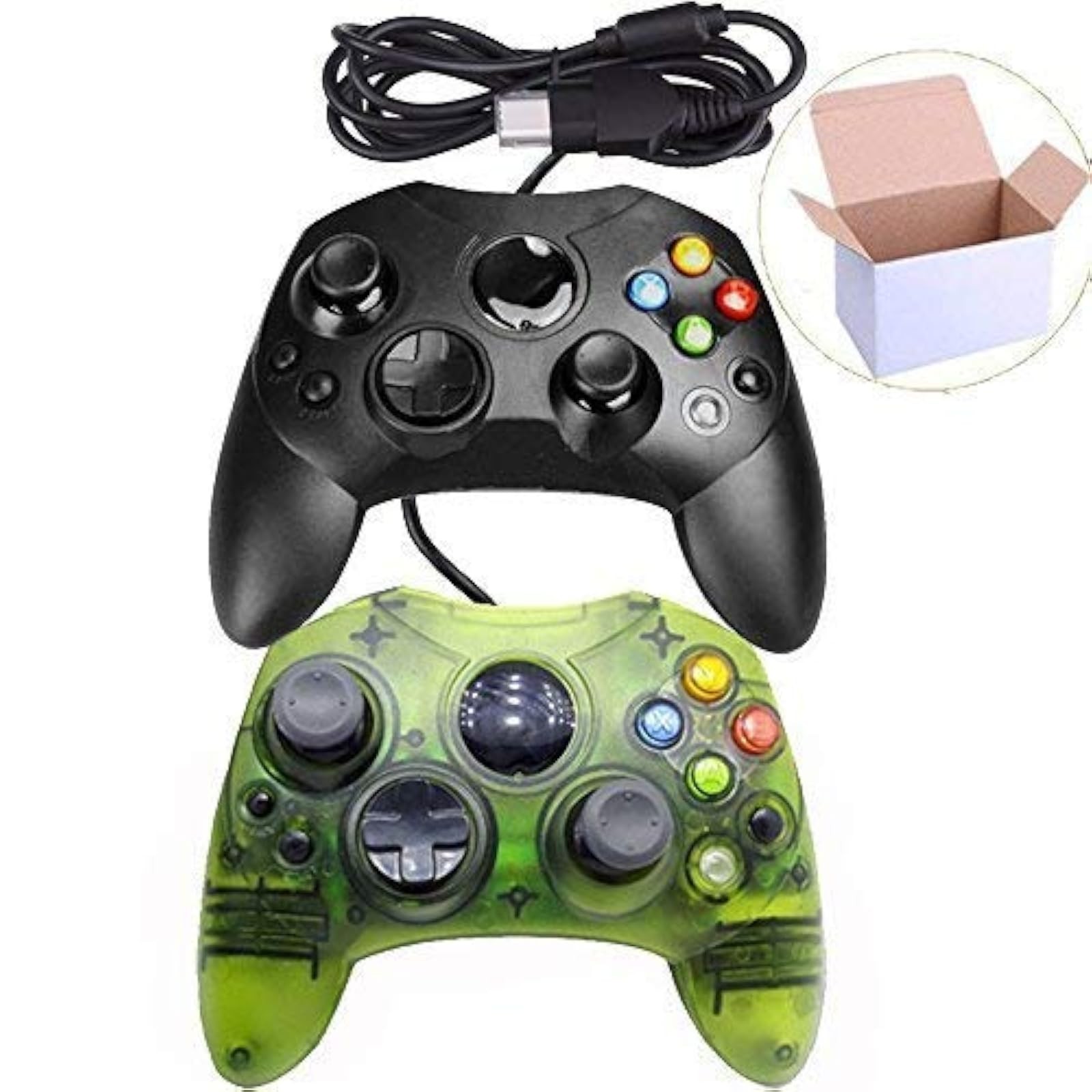 Lot Of 2 Wired Controller S Type Black And Clear Green For Xbox Original 5341