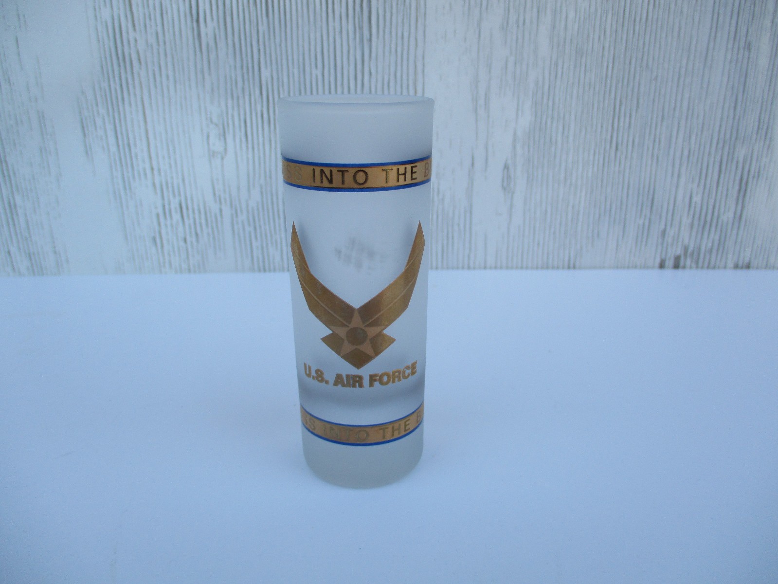 U.S. Air Force Frosted Glass Tumbler, "INTO THE BLUE", Gold Trim & Lettering