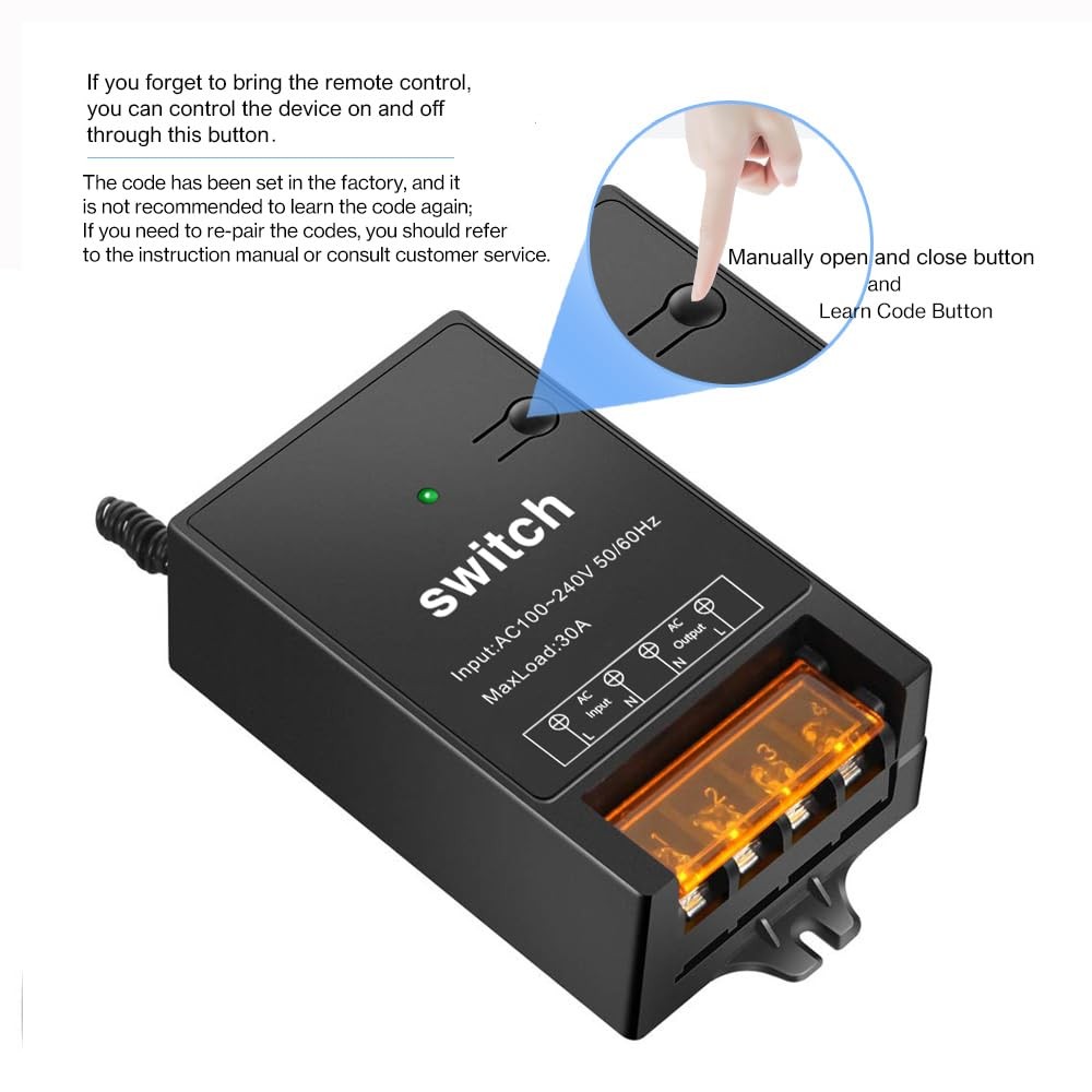 220V Wireless Remote Switch with 30A Relay, 328ft Long Range 84*54*28, Black