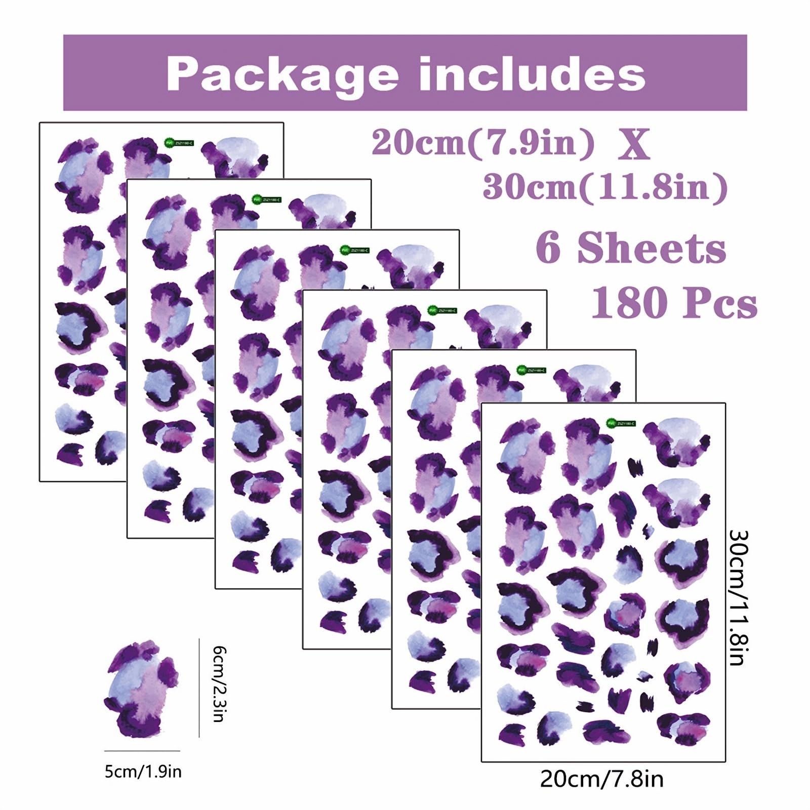 6 Sheets 180 Pcs Purple Leopard Print Wall Stickers, sacinora Animal