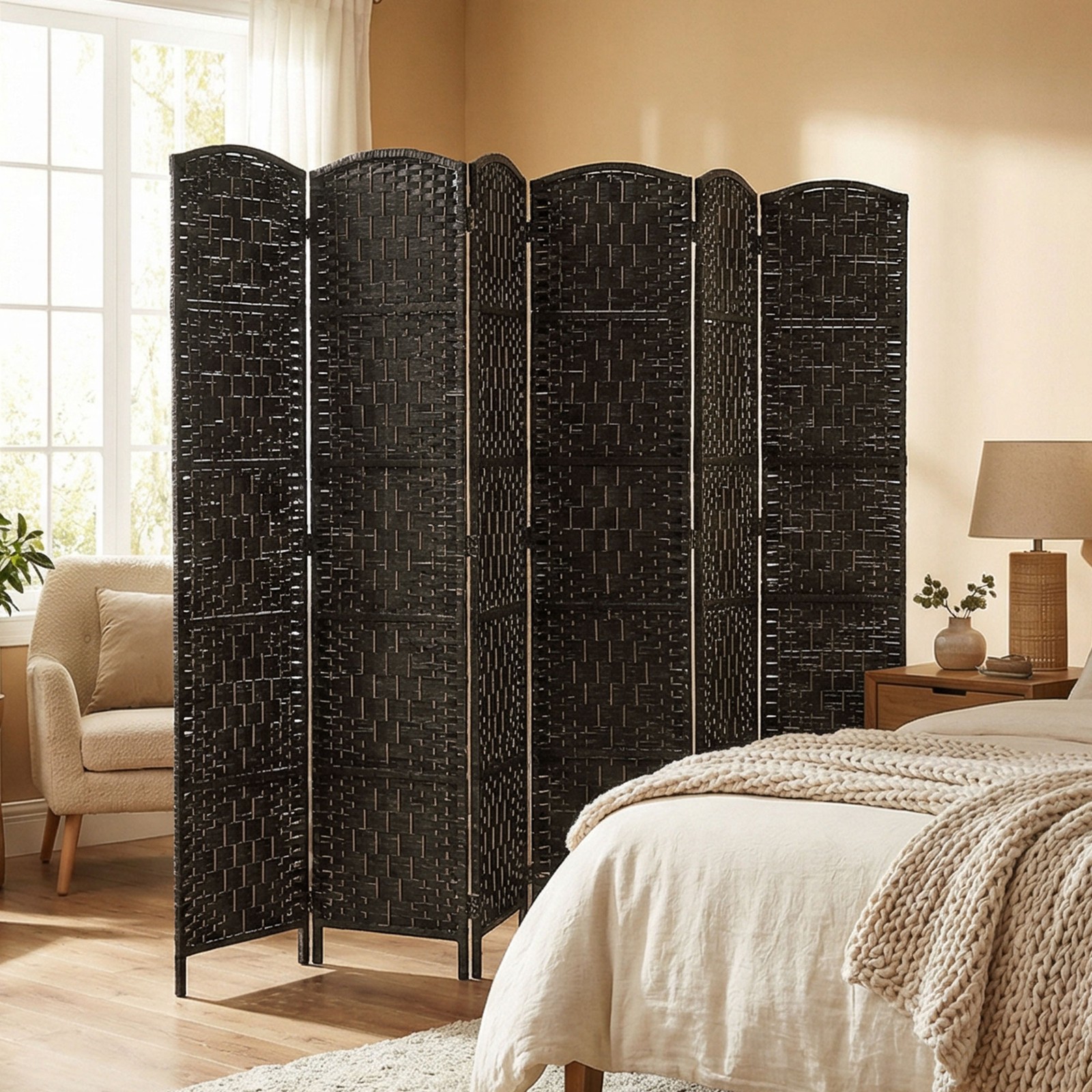 6 Panel Folding Privacy Screen, 6FT Partition Wall Divider, Coffee