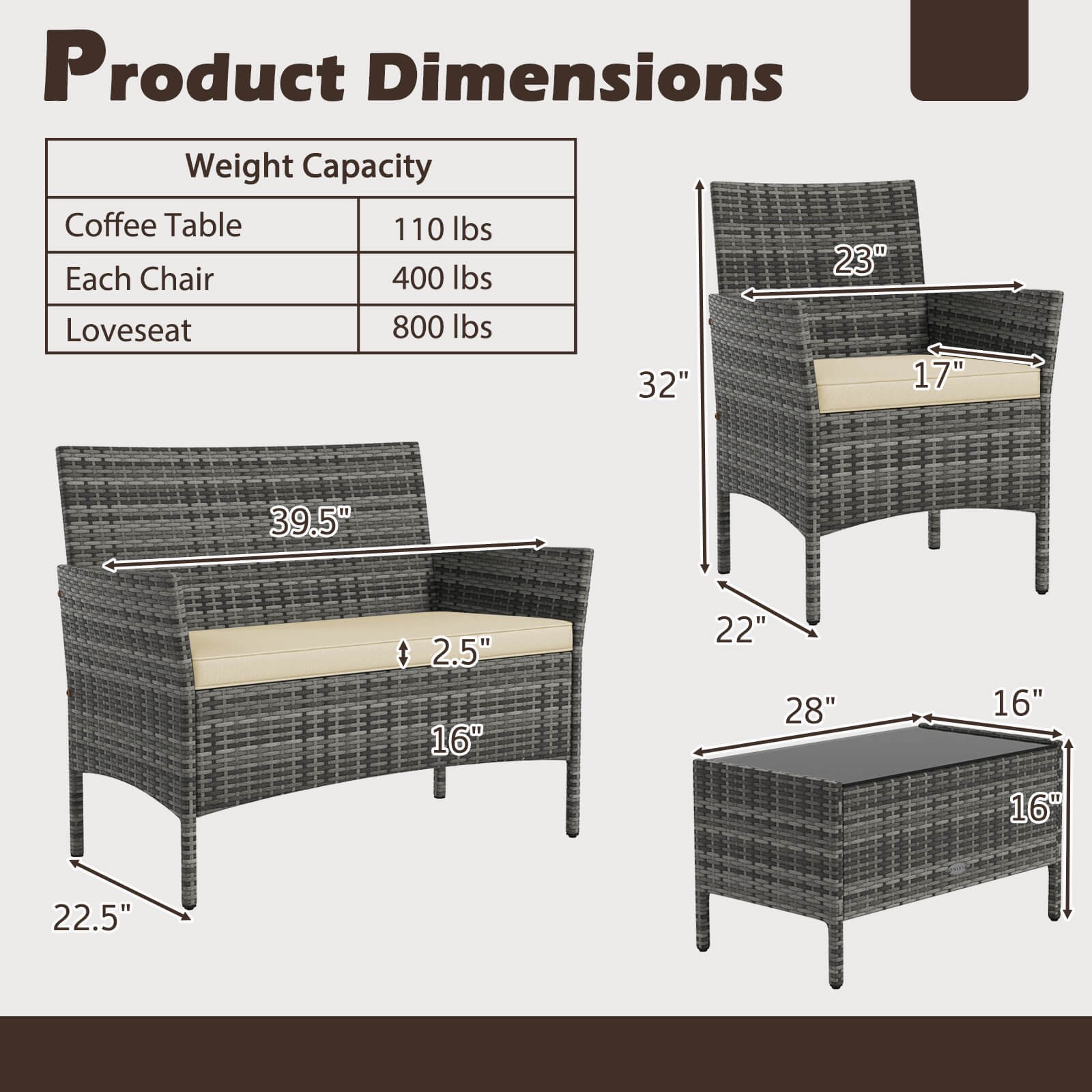 8 PCS Patio Furniture Set w/Washable Cushions and Tempered Glass Coffee Table