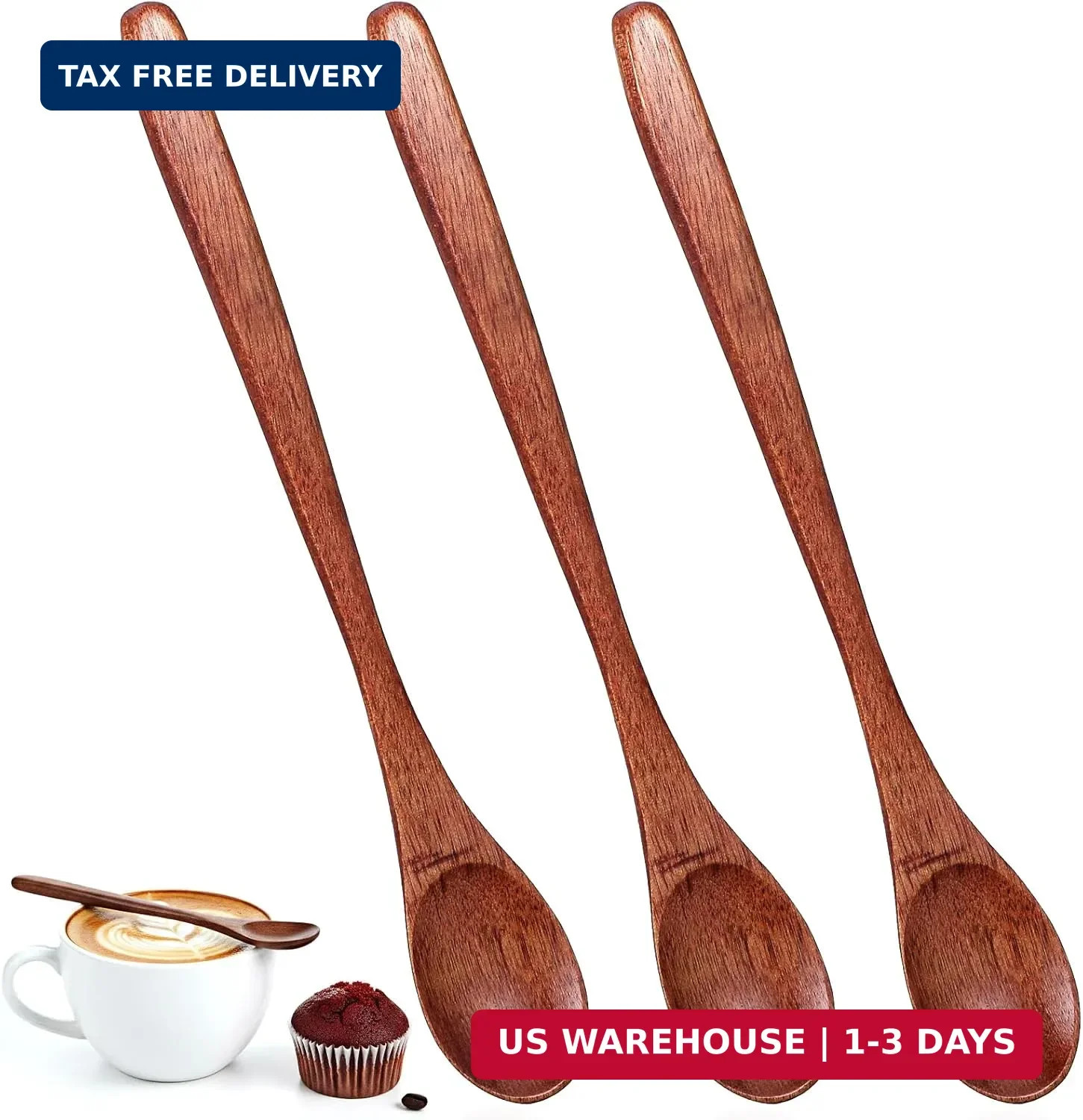 3 PCS Long Handle Wooden Spoon Set - Wooden Honey, Coffee & Tea Spoons Honey Jam