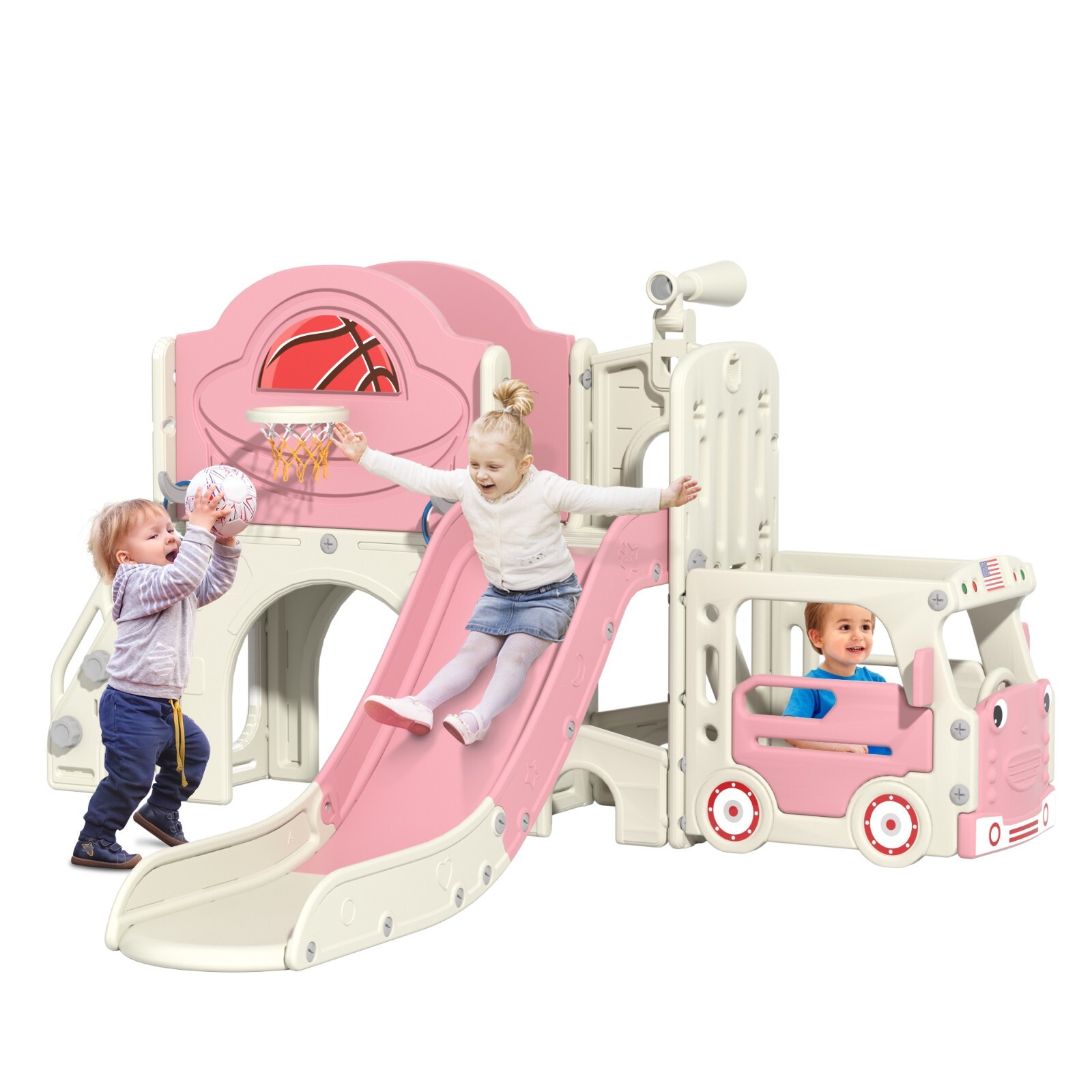 9in1 Toddler Slide, Kids Slide with Climber Playset, Indoor Outdoor Bus Playhous