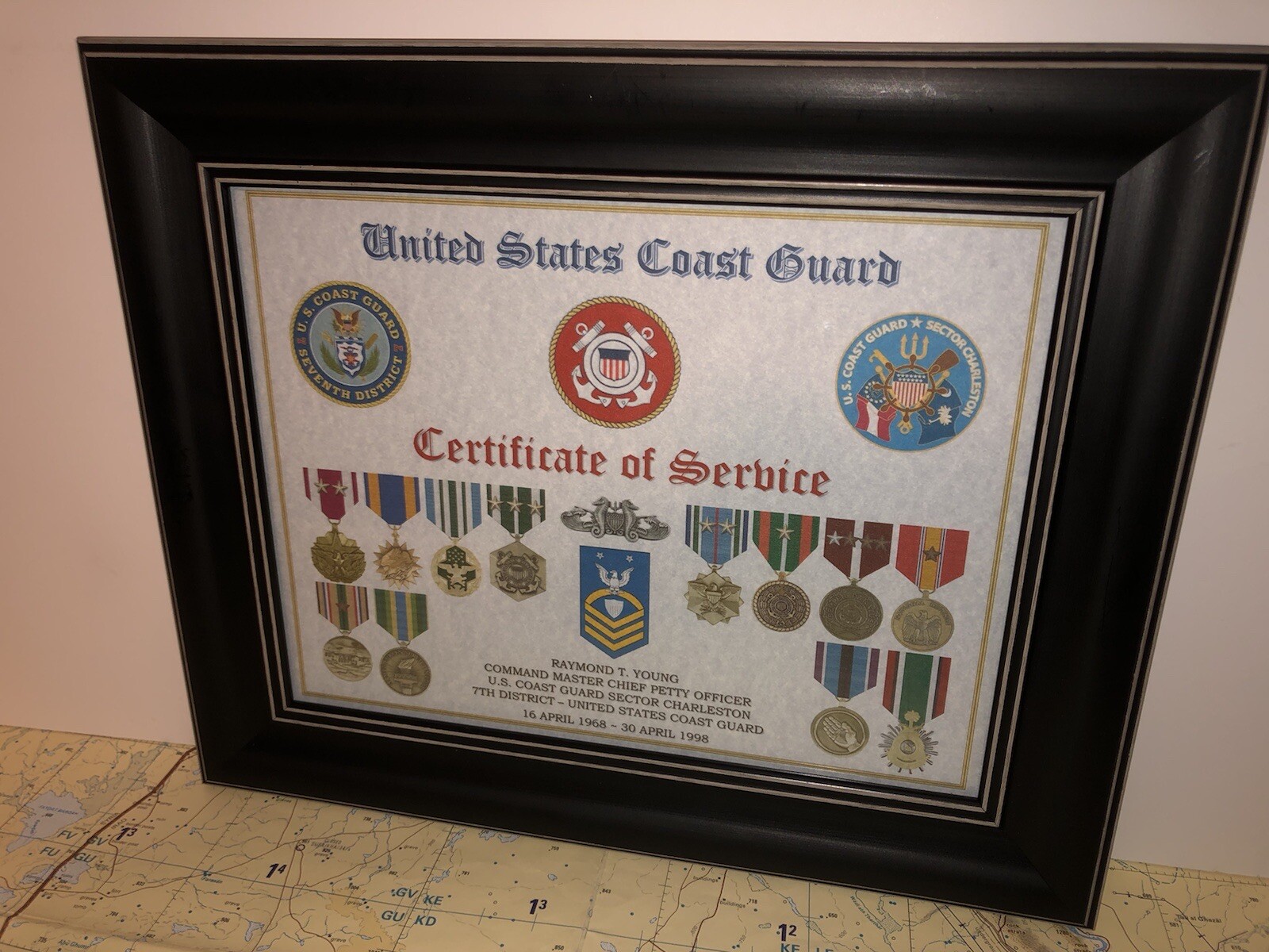 U.S. COAST GUARD CERTIFICATE OF SERVICE / SHADOW BOX PRINT / W-MEDALS