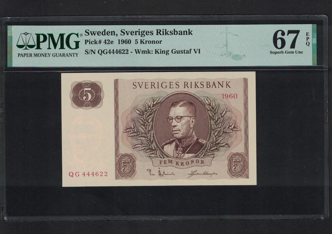 Sweden 5 Kronor 1960 P. 42e Grade PMG 67 EPQ Superb Gem Uncirculated, UNC