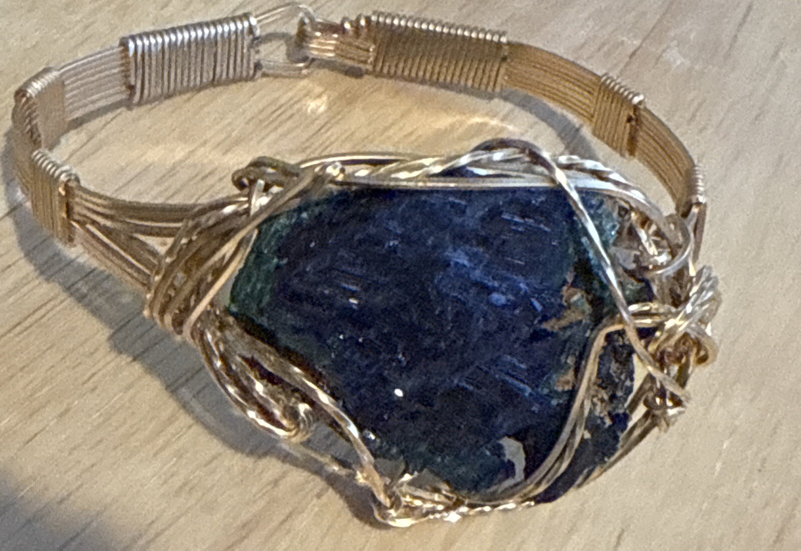 Handmade Wire Wrapped Gold Bracelet Rock Stone One of a Kind Unique Blue Green
