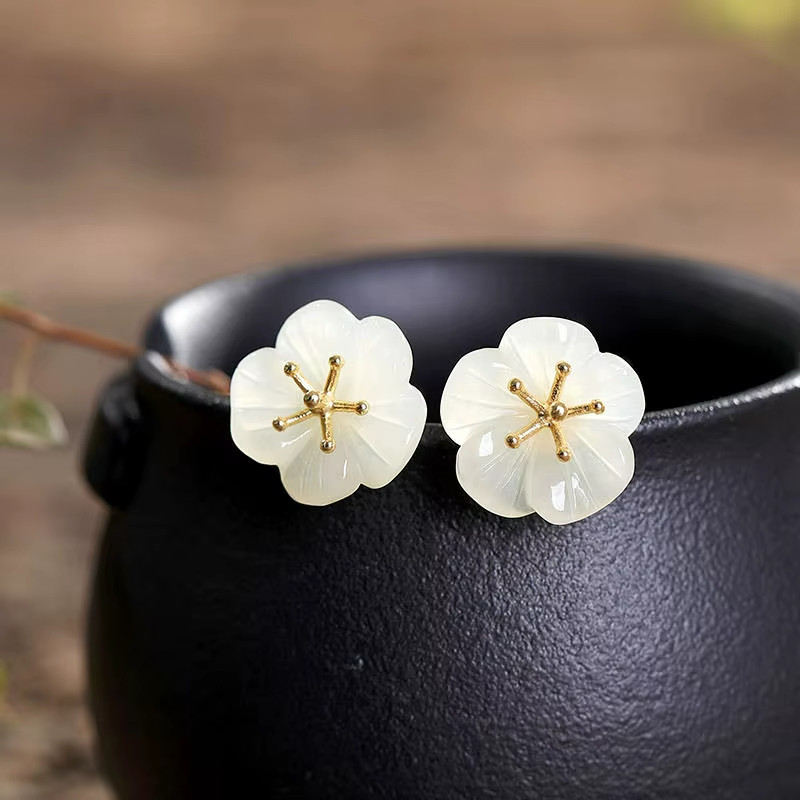 Natural White Jade Stud Earrings Flower Handmade 925 Sterling Silver Gift