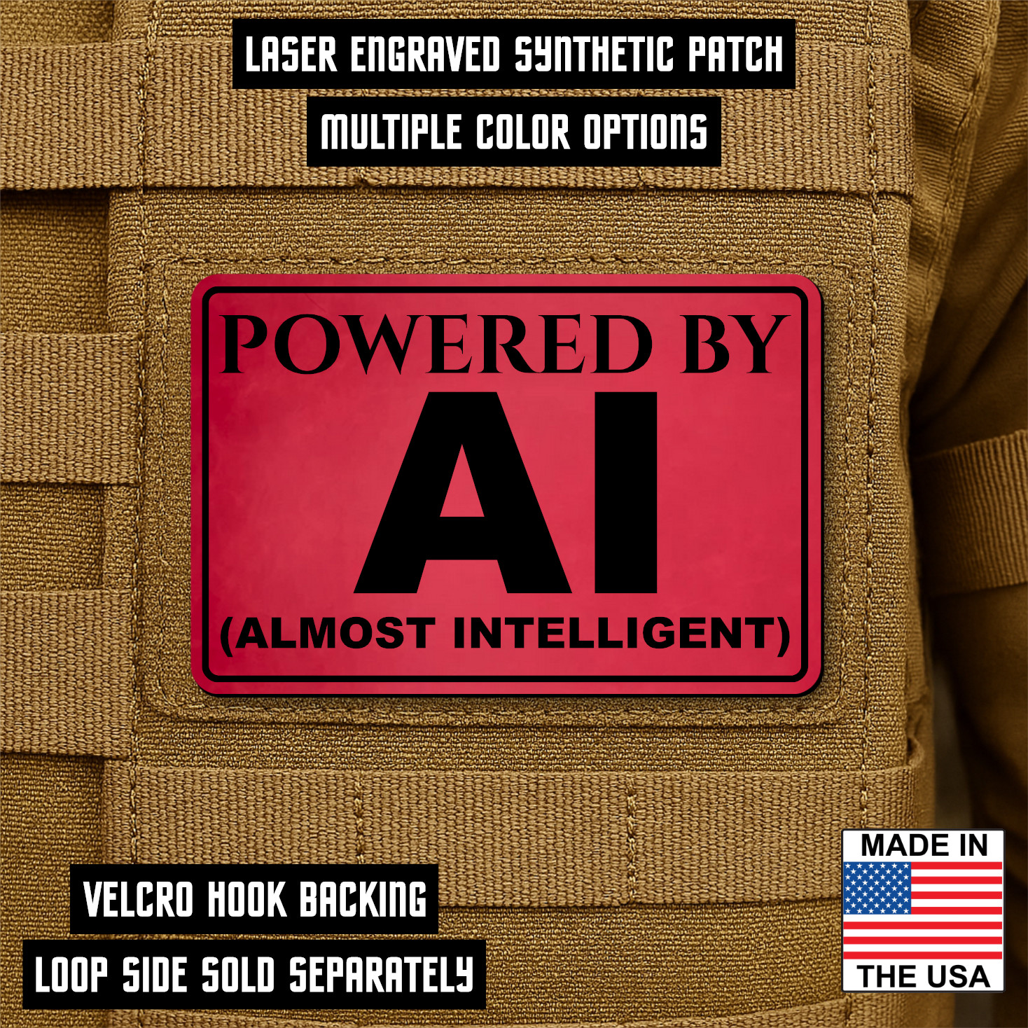 Powered by AI Warning Funny Morale Patch 2"x3" Hook & Loop Engraved Tactical