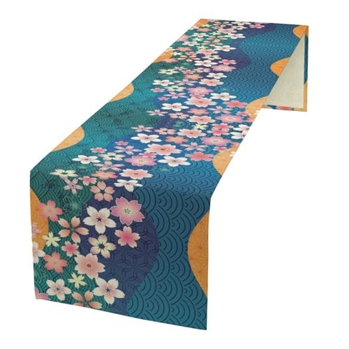Japanese Cherry Blossoms Table Runner Seasonal Spring Asian 13x36in Cherry-blue