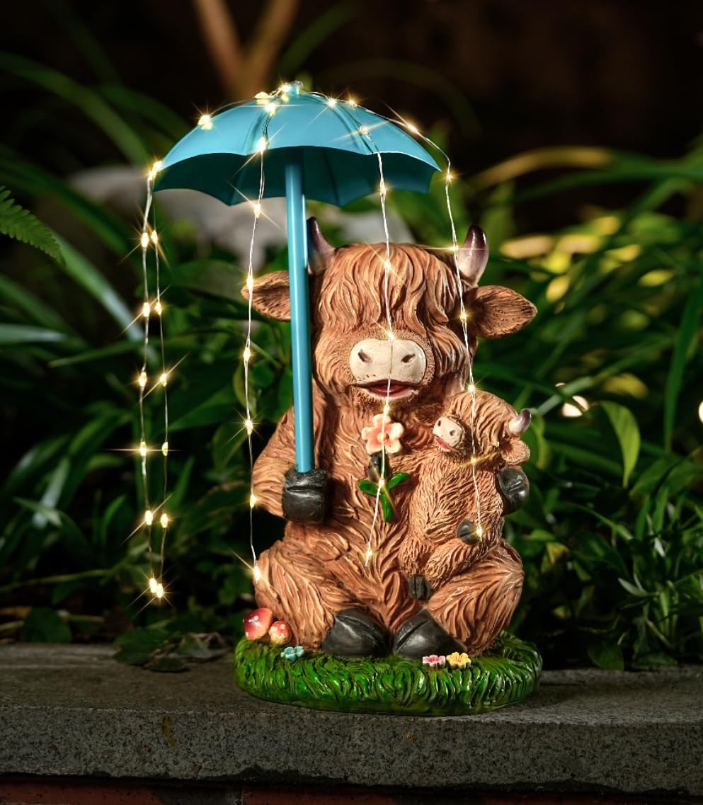 Solar Garden Statues Resin Loving Highland Cow Umbrella Lights Outdoor Decor ...