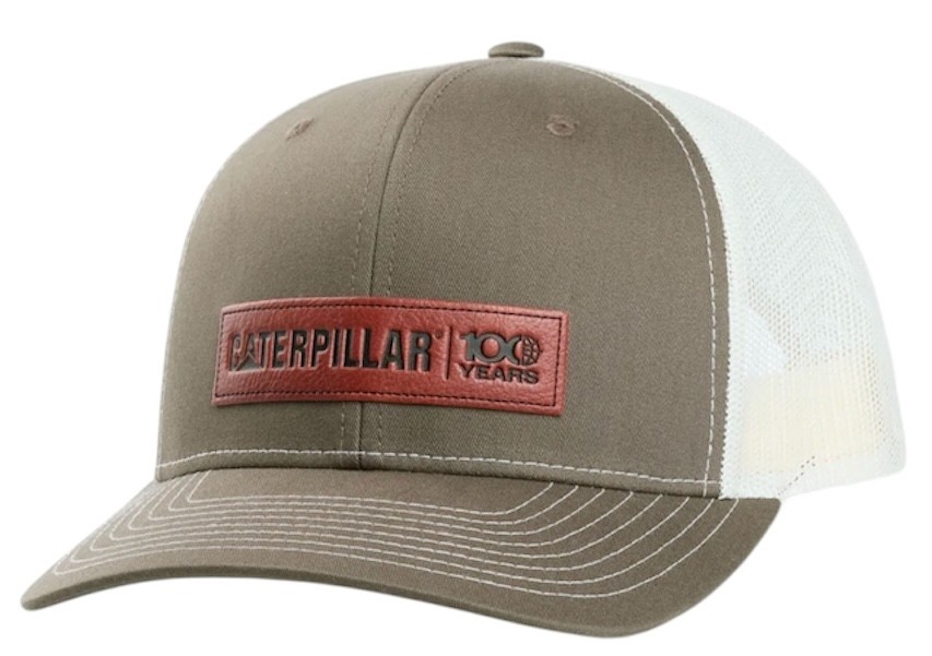 Caterpillar 100 Years Anniversary Trucker Hat, Olive & Tan Mesh, Leather Patch