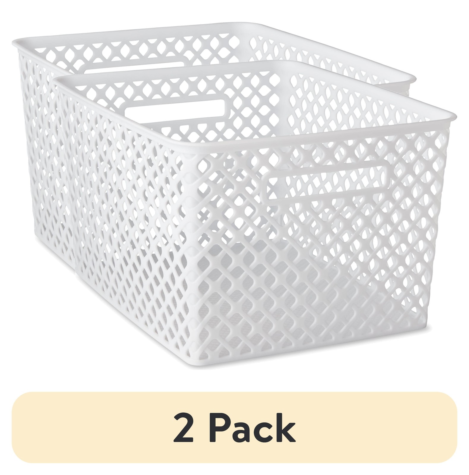 (2 Pack)  Large White Decorative Plastic Storage Basket, 14.7 in X 12 in X 8.5 I