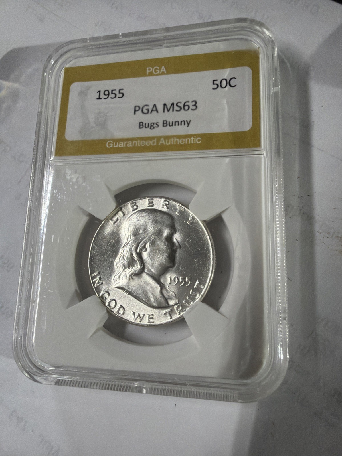1955 Franklin 50c Pure Silver Coin with Mint Error Bugs Bunny Mintage