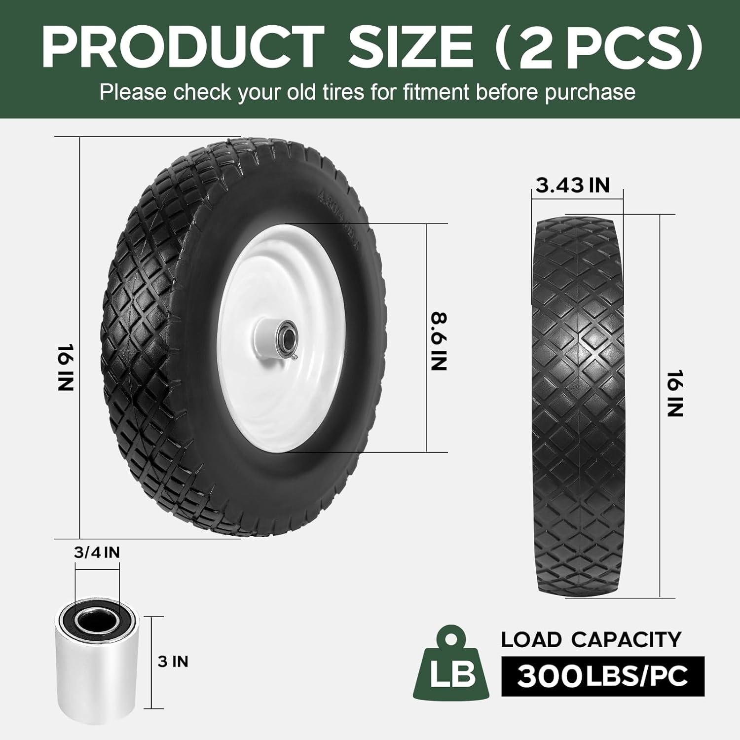 2 PCS 16 Inch Rubber Solid Flat Free Replacement Tires and Wheels 4.80/4.00-8