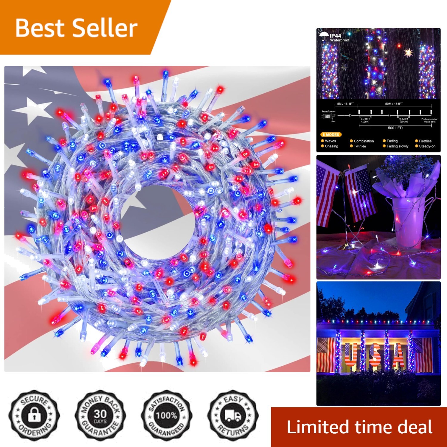 Twinkling 4th of July Lights - 164FT Waterproof LED Decorations for Events