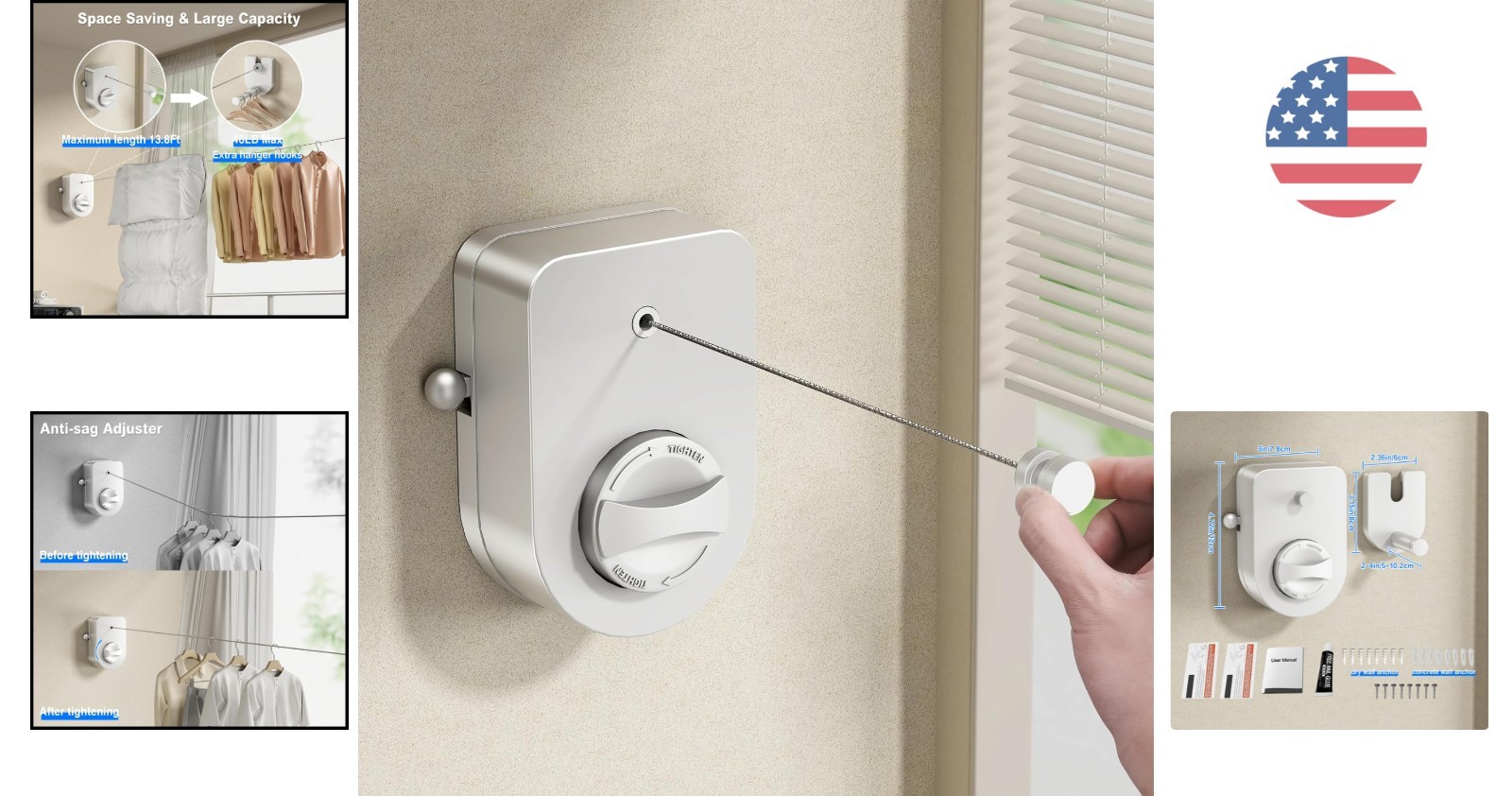Stainless Steel Retractable Clothesline - 13.8 ft Non-Sagging Solution
