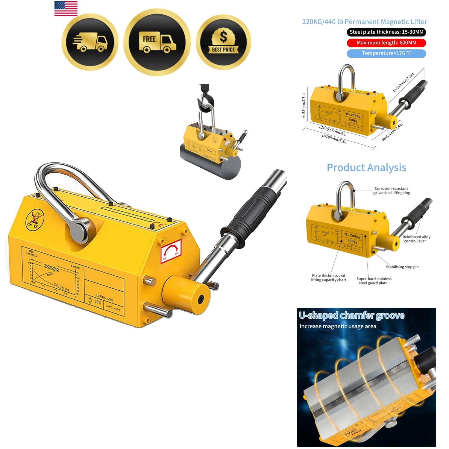 Magnetic Lifter 440 lb Capacity Neodymium Steel Sheet Hoist Shop Crane Heavy ...