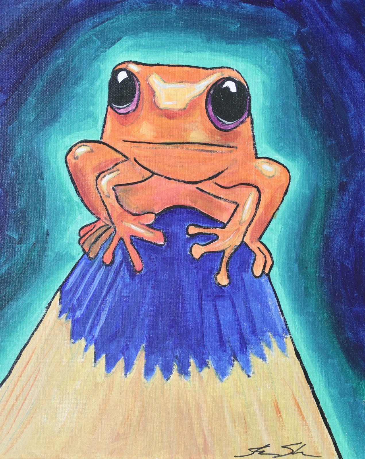 ShawNshawN Original painting 16x20 cute frog on a pencil contemporary art