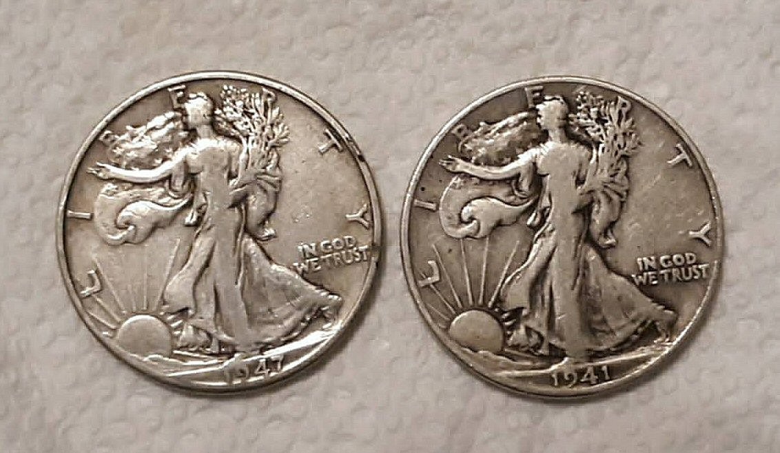 ( 2 ) Lot 1941-D  1947-D Walking Liberty 90% Silver - 50c Half Dollar Coins