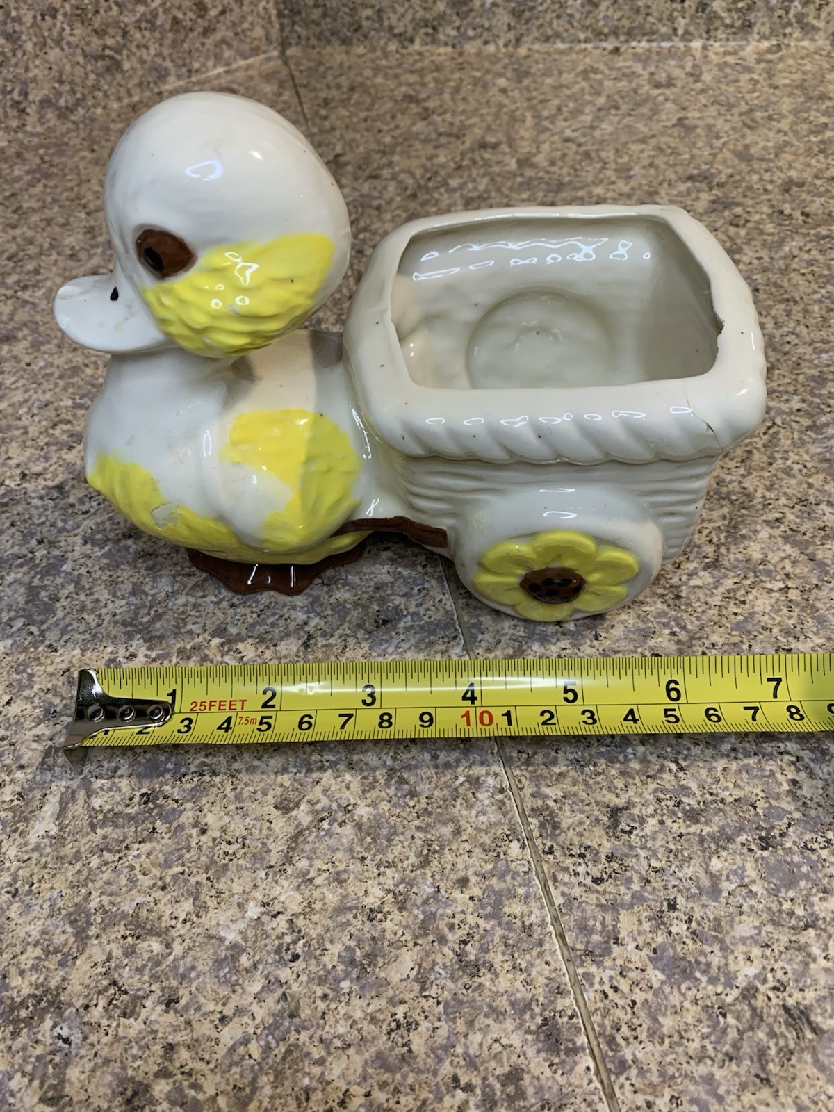 Vtg MCM Glazed Ceramic Duck Pulling Cart Planter - READ