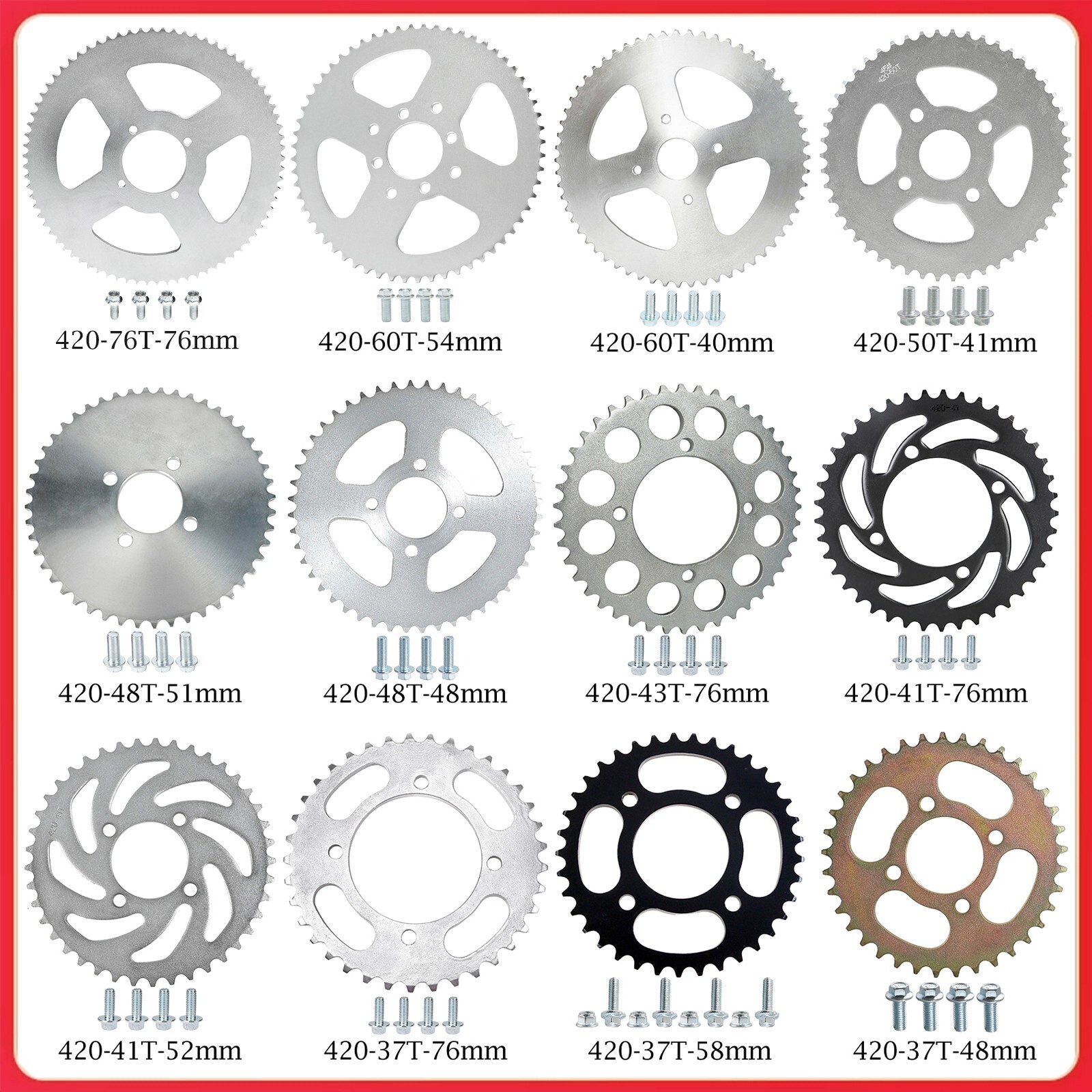 420 Chain Rear Sprocket 37T 41T 43T 48T 50T 60T 76T For ATV Go Kart Dirt Bike