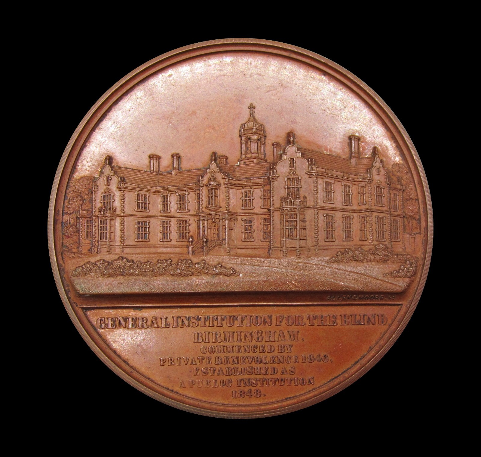 1852 BIRMINGHAM GENERAL INSTITUTION FOR THE BLIND 52mm BRONZE MEDAL