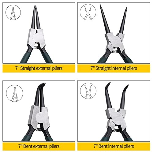 4-Piece 7" Snap Ring Pliers Set with 5/64" Tips for Retaining Rings