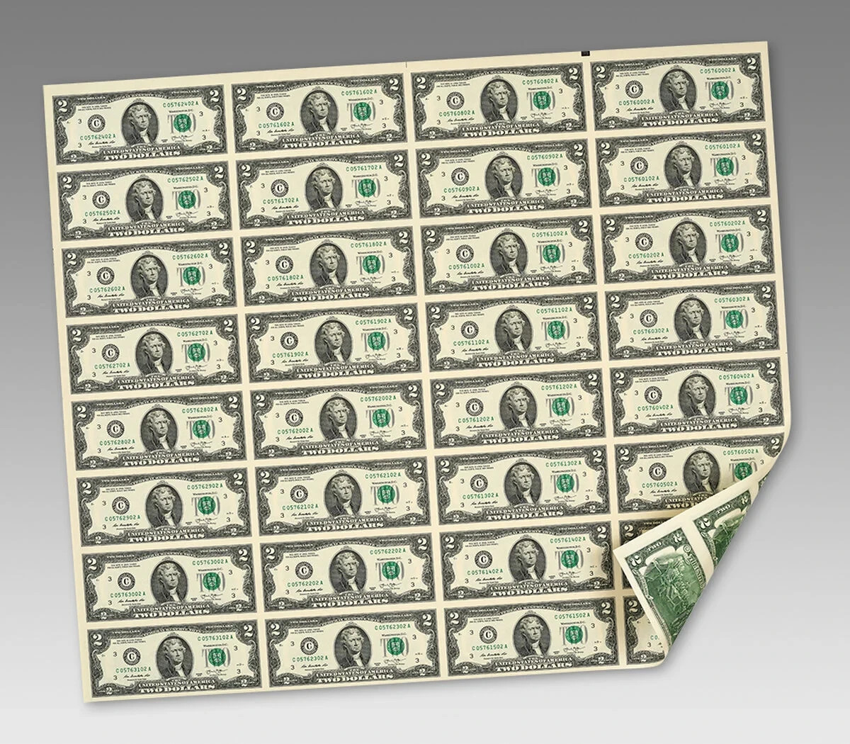 Uncut  Sheet (32) U.S. $2 Two Dollar Bills  New Item.