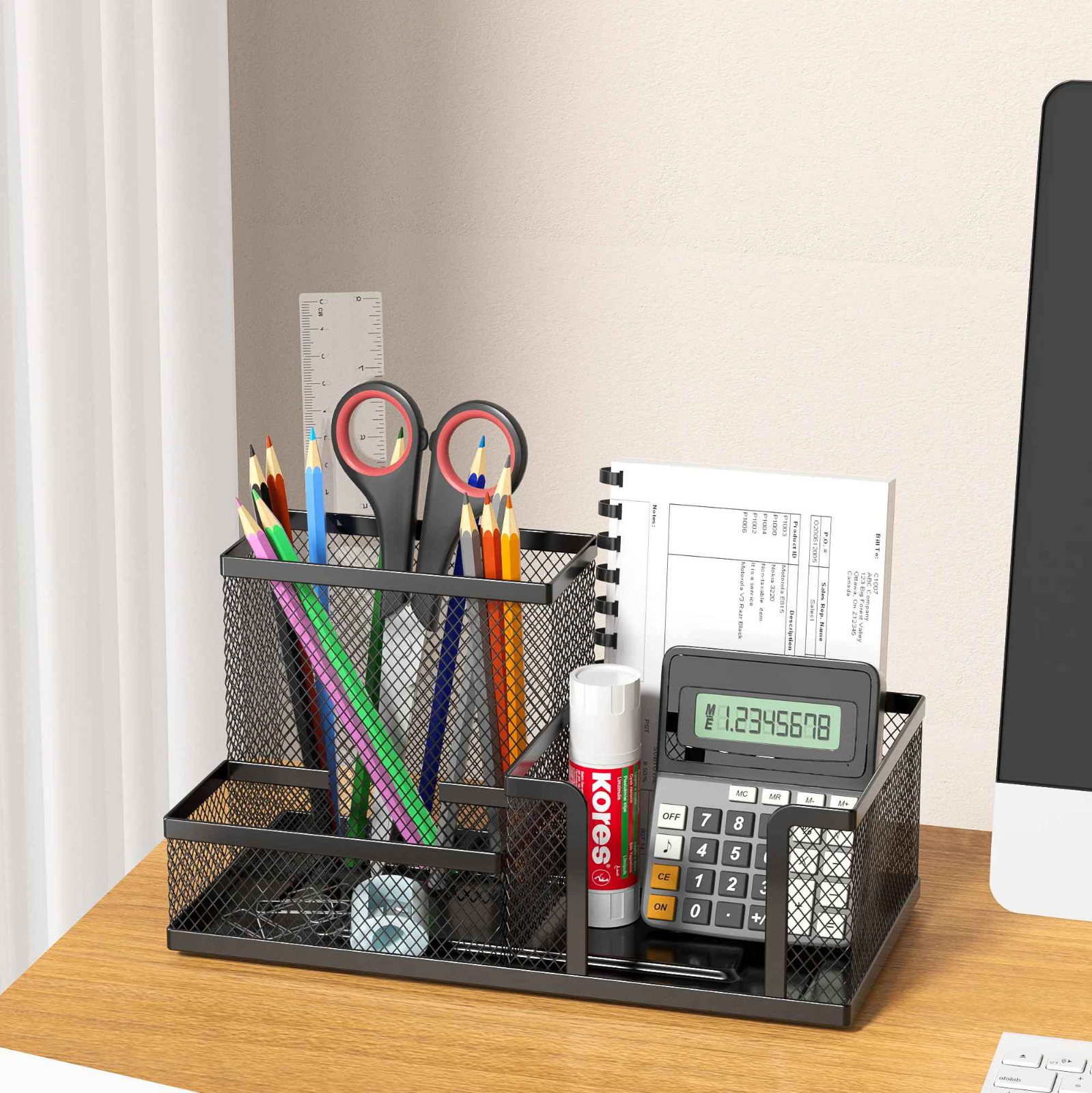 Black Mesh Desk Organizer - 3 Compartments with Pencil Holder & Storage Baskets,