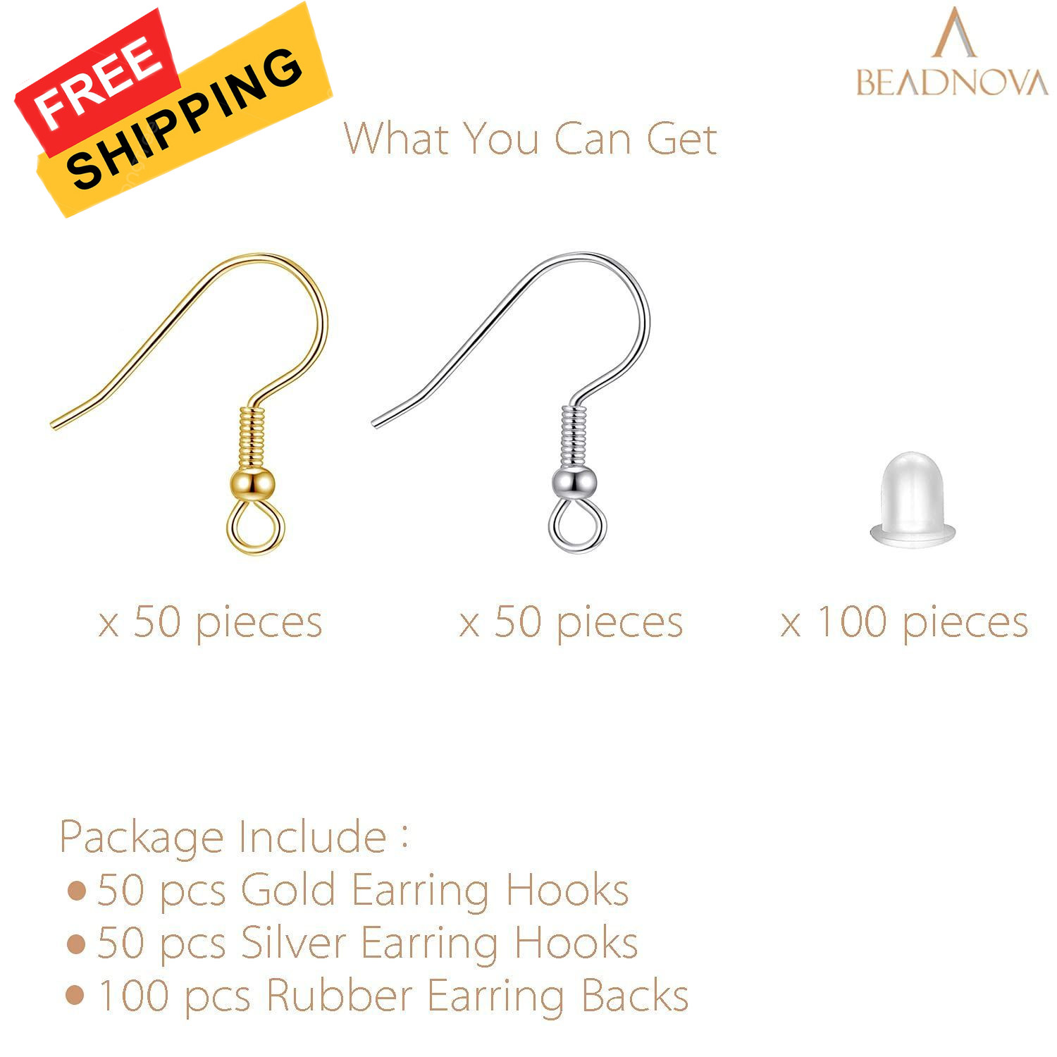 BEADNOVA 200pcs Mix Earring Hooks & Backs, Silver & Gold, 100pcs